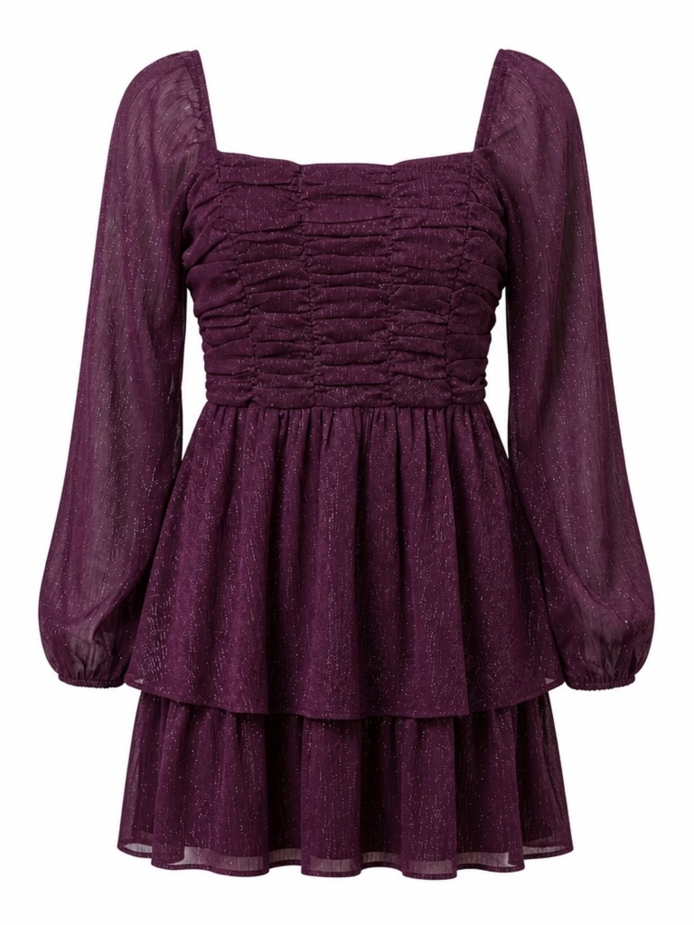 Crystal Doll Plum Purple Smocked Long Sleeve Glitter Mini Dress
